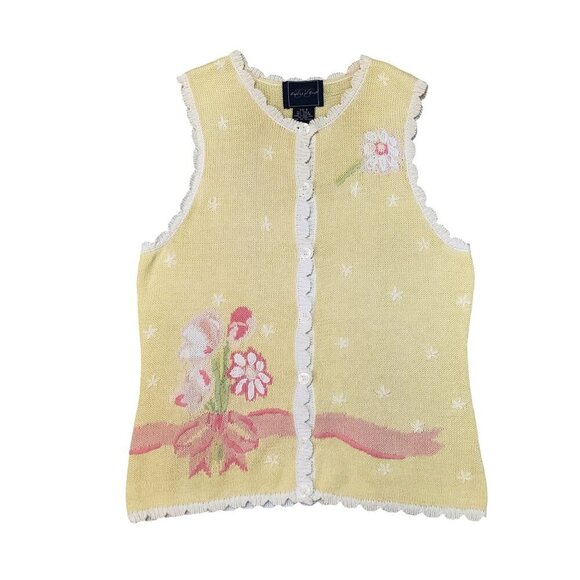 Vintage Spring Eagle Eye Yellow Dainty Lace Knit Cardigan Vest - Small - Picture 1 of 6